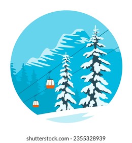 Ski winter resort with cableway. Ate in the snow in the mountains. Background with clouds and blue sky. Vector cartoon illustration