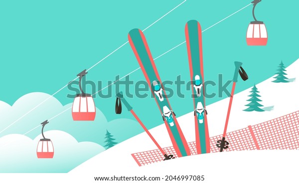 Ski winter\
resort. Mountain skiing on the top of the mountain. Cable car.\
Vector cartoon illustration\
banner