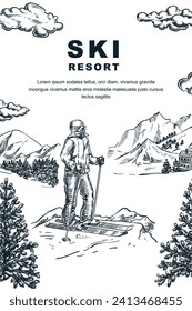 Ski winter resort travel poster, banner design. Vector hand drawn sketch illustration. Skier on top of mountain, peaks, hills and pine forest background