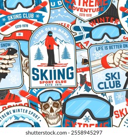 Ski winter sport club retro seamless pattern. Background, wallpaper, seamless pattern with ski pole, skis, ski glasses and helmet. Vector illustration