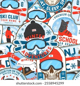 Ski winter sport club retro seamless pattern. Background, wallpaper, seamless pattern with ski pole, skis, ski glasses and helmet. Vector illustration