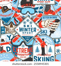 Ski winter sport club retro seamless pattern. Background, wallpaper, seamless pattern with ski pole, skis, ski glasses and helmet. Vector illustration