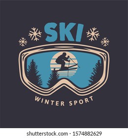 Ski winter sport vintage typography t shirt design with glasses and skier silhouette