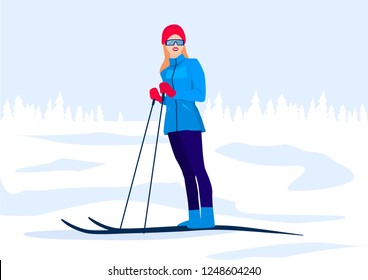 Ski woman. Winter Sport. Flat Vector illustration