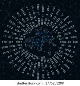 Skiathos digital map. Binary rays radiating around glowing island. Internet connections and data exchange design. Vector illustration.