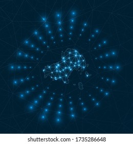 Skiathos digital map. Glowing rays radiating from the island. Network connections and telecommunication design. Vector illustration.