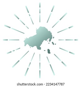 Skiathos gradiented sunburst. Map of the island with colorful star rays. Skiathos illustration in digital, technology, internet, network style. Vector illustration.