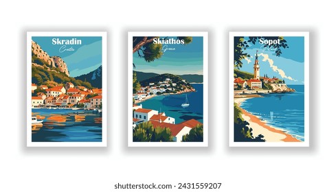 Skiathos, Greece. Skradin, Croatia. Sopot, Poland - Set of 3 Vintage Travel Posters. Vector illustration. High Quality Prints svg