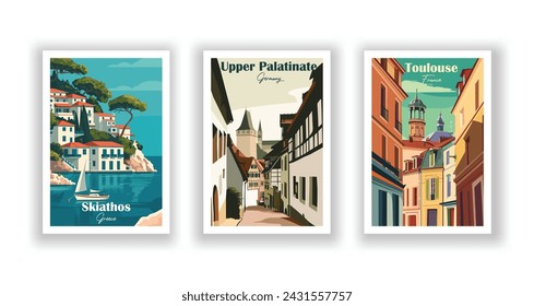 Skiathos, Greece. Toulouse, France. Upper Palatinate, Germany - Set of 3 Vintage Travel Posters. Vector illustration. High Quality Prints