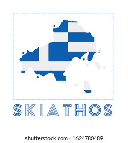 Skiathos Logo. Map of Skiathos with island name and flag. Cool vector illustration.