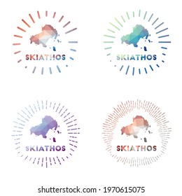 Skiathos low poly sunburst set. Logo of island in geometric polygonal style. Vector illustration.
