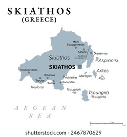 Skiathos, small Greek island, gray political map. Island in the Aegean Sea, part of Sporades, with the main town Skiathos, and with neighboring islets Tsoungria, Arkos and Aspronisi and smaller ones.