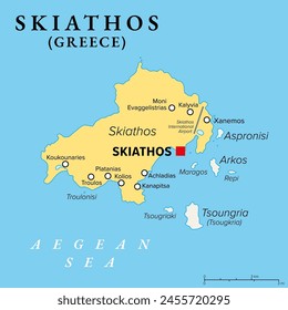 Skiathos, Pequeña Grecia, mapa político. Isla en el mar Egeo, parte de las Esporadas, con la ciudad principal Skiathos, y con los islotes vecinos Tsoungria, Arkos y Aspronisi y Pequeños.