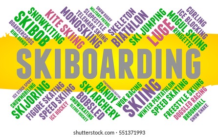 Skiboarding. Word cloud, colored font, white background, winter sport.