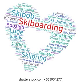 Skiboarding. Word cloud, heart inside heart, italic font, white background. Love of sport.
