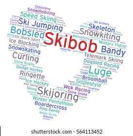 Skibob. Word cloud, heart inside heart, italic font, white background. Love of sport.