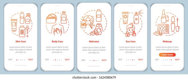 Skicare onboarding mobile app page screen with concepts. Suncare and bodycare. Dermatology walkthrough 5 steps graphic instructions. UI vector template with RGB color illustrations