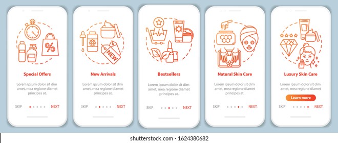 Skicare onboarding mobile app page screen with concepts. Bestsellers and special offers. Cosmetic products walkthrough 5 steps graphic instructions. UI vector template with RGB color illustrations