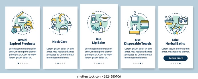 Skicare onboarding mobile app page screen with concepts. Cosmetic products. Cosmetology and beauty walkthrough 5 steps graphic instructions. UI vector template with RGB color illustrations