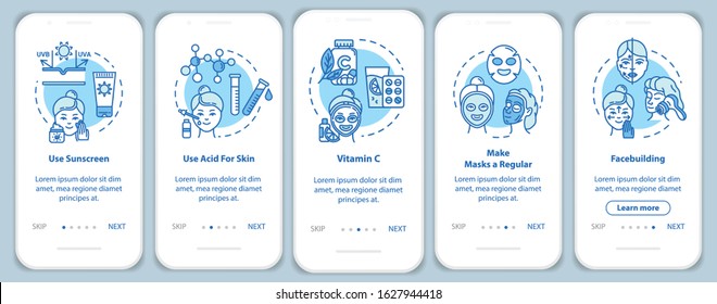 Skicare onboarding mobile app page screen with concepts. Facebuilding, regular facial masks. Cosmetology walkthrough 5 steps graphic instructions. UI vector template with RGB color illustrations