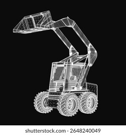 Skid steer loader 3D model with detailed wireframe structure, showcasing headlights, grille, and wheels. The vehicle stands out against a deep black background
