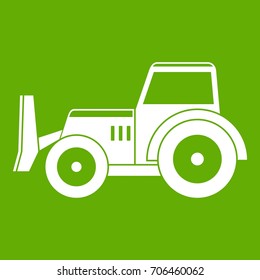 Skid steer loader bulldozer icon white isolated on green background. Vector illustration