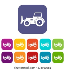 Skid steer loader bulldozer icons set vector illustration in flat style In colors red, blue, green and other