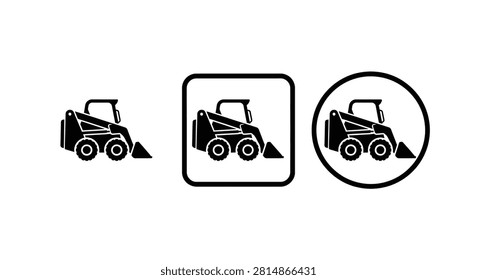 Skid steer loader depictions in black silhouette presented within square and circular frames skidsteer construction vehicle equipment machinery