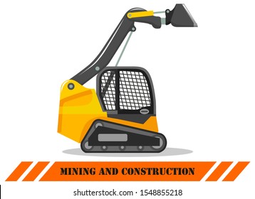 Skid steer loader. Detailed illustration of heavy construction machine and equipment. Vector illustration.