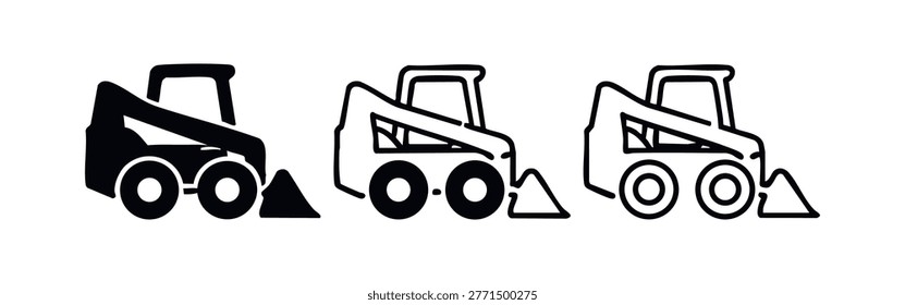 Skid Steer Loader Icons Set, Heavy Construction Machine Pictograms