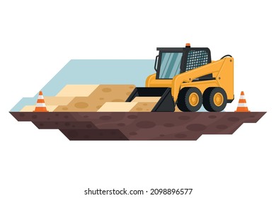 skid steer loader with safety cones in construction and mining work with heavy machinery 3d