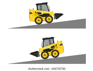 Skid steer loader safety tips. Driving uphill. Flat vector.