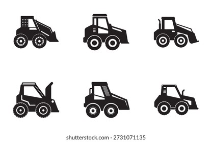 Skid Steer Loader Silhouette Vector Set Heavy Equipment Construction Machinery Industrial Design Flat Black And White Illustration