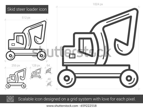 Skid steer loader vector\
line icon isolated on white background. Skid steer loader line icon\
for infographic, website or app. Scalable icon designed on a grid\
system.