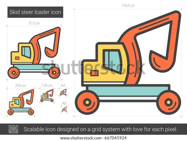 Skid steer loader vector\
line icon isolated on white background. Skid steer loader line icon\
for infographic, website or app. Scalable icon designed on a grid\
system.
