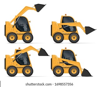 Skid steer loader view from side isolated on white background. Construction and agricultural vehicle vector template, all elements in the groups on separate layers for easy editing and recolor