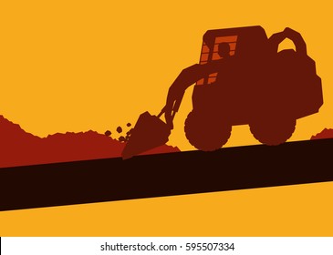 Skid steer loader with worker inside cabin working in construction site vector background