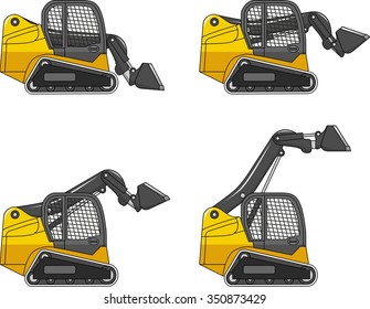 Skid steer loaders. Heavy construction machines. Detailed illustration of skid steer loaders, heavy equipment and machinery. Vector illustration.
