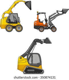Skid steer loaders. Heavy construction machines. Detailed illustration of skid steer loaders, heavy equipment and machinery. Vector illustration.