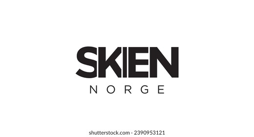 Skien en el emblema de Noruega para imprimir y web. El diseño presenta estilo geométrico, ilustración vectorial con tipografía audaz en fuente moderna. Letras gráficas de eslóganes aisladas en fondo blanco.