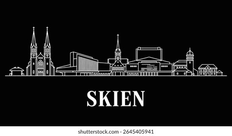 Skien Norway Skyline with Cityscape, Silhouette, and Outline.