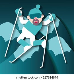 Skier. A 3D vector.In the background mountains. Paper style
