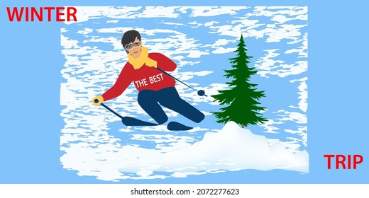 Skier - abstract background in grunge style - vector. Winter trip. Design Concept. Horizontal Banner.