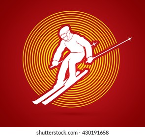 Skier action designed on circle line background graphic vector.