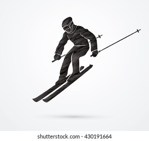 Skier action designed using black grunge brush graphic vector.