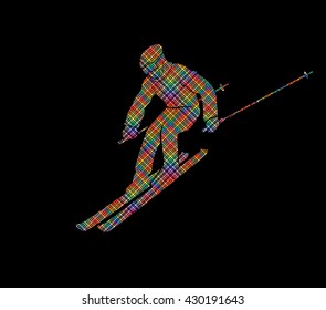 Skier action designed using colorful pixels graphic vector.