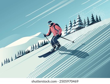 A skier in action, gliding down a pristine snowy slope surrounded by winter trees under a clear sky. Content with vector Application and Program  advance  tools