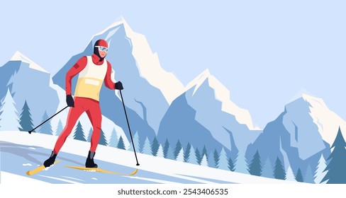 Esquiador em ação na paisagem de montanha nevada. Ilustração vetorial