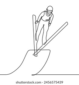 Skier athlete jumps from a springboard on skis. One line drawing. Continuous line without break.