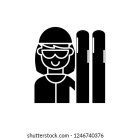 Skier black icon, vector sign on isolated background. Skier concept symbol, illustration 